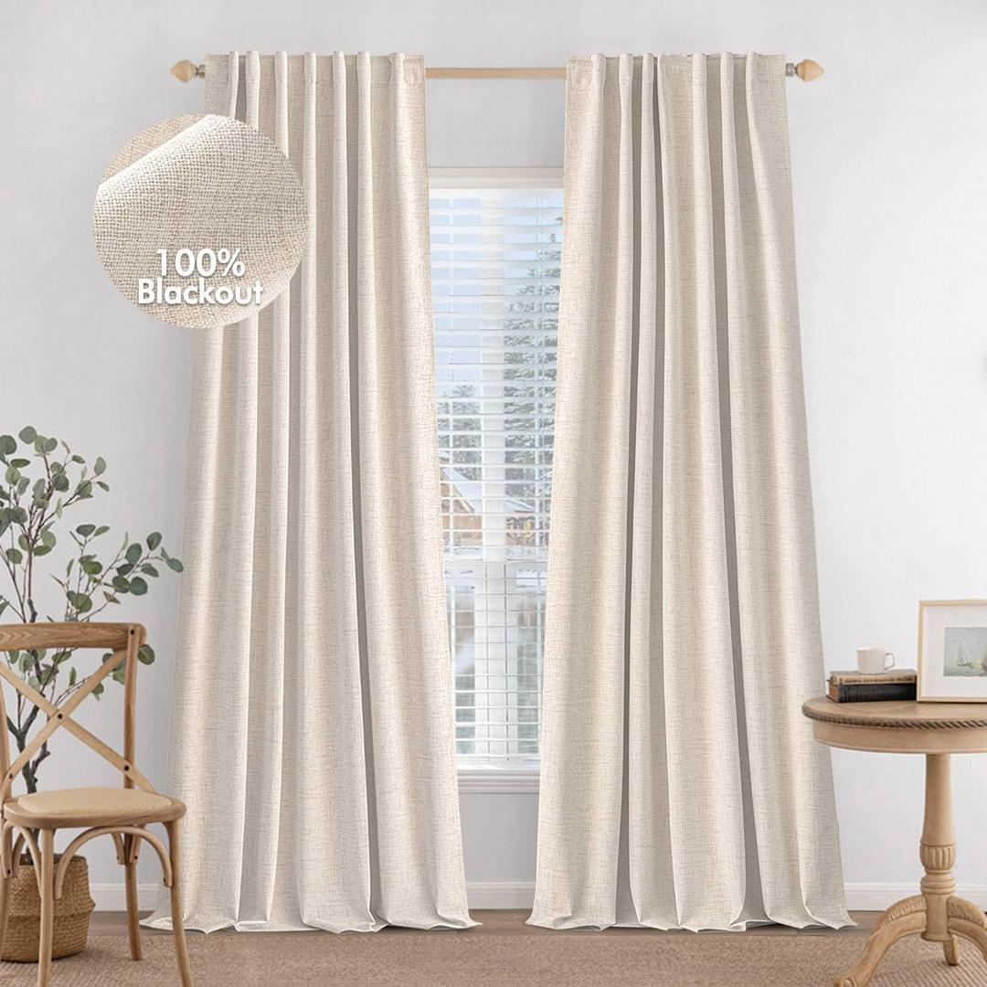 MIULEE 100% Blackout Curtains 90 inches Long Linen Curtains & Drapes for Bedroom Back Tab Living Room Darkening Full Black Out Window Curtain Panels Rod Pocket, Natural Beige, 1 Panels Set