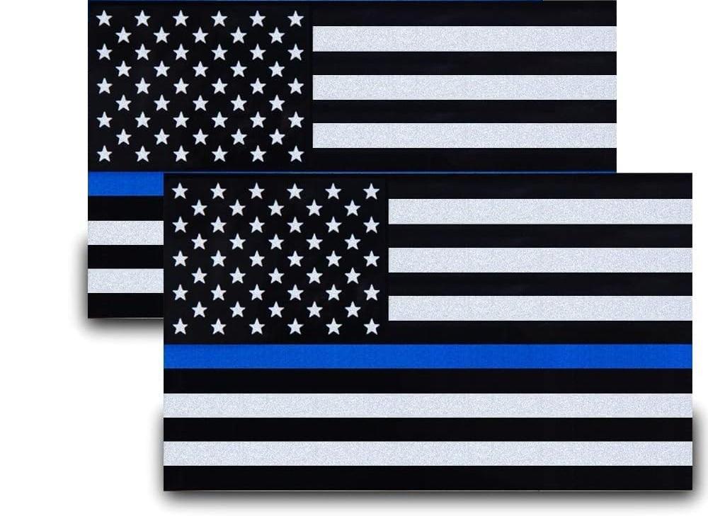 2pcs Reflective US Flag Stickers, Thin Blue Line American Flag Decal Car Laptop Bumer Sticker 5"x3" Vinyl, Support USA Police and Law Enforcement Officers