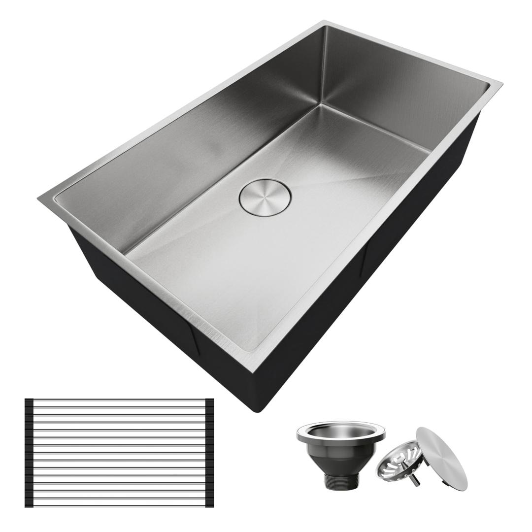 30 Inch Undermount Kitchen Sink,30*16.5 Inch Single Bowl Kitchen Sinks,SUS304 Stainless Steel Kitchen Sink With Accessories,16 Gauge, Handmade with Drying Accessory & Strainer, Easy to Clean
