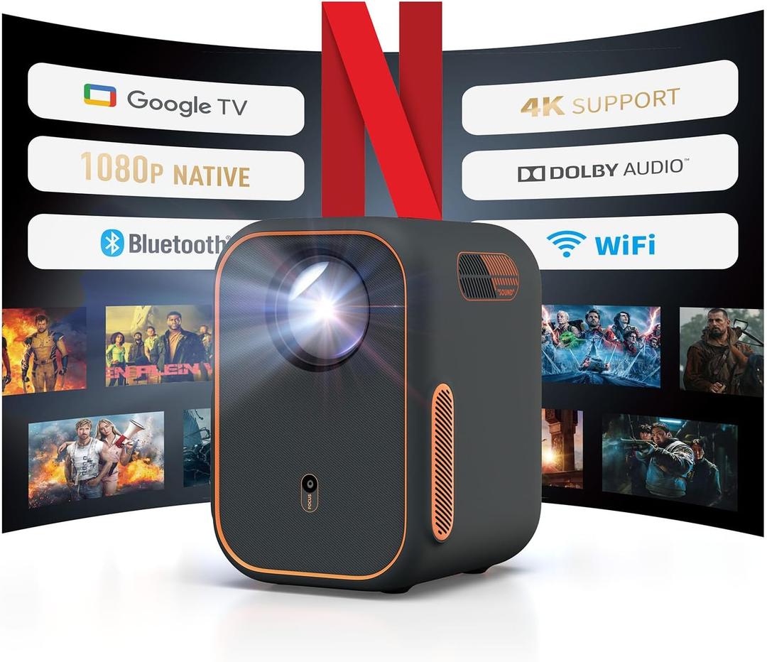 WEMAX Google TV Projector, Netflix Officially Licensed 4K Support, Mini Projector with Wifi and Bluetooth, Smart Movie Projector for Home Theater, 1080P Full HD, MAX 120" Display, Dolby Audio
