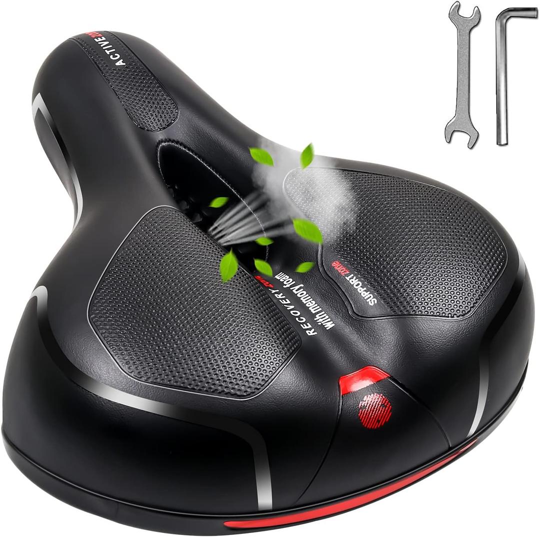 MSDADA Comfortable Bike Seat Cushion - Wide Bicycle Seat Comfort for Men Women with Dual Shock Absorption - Memory Foam Padding, Waterproof Bike Saddle for Stationary, Exercise, Mountain, Road Bikes (Red)