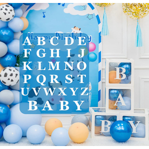 Baby Shower Decoration Set of 4 Transparent White Balloon Boxes with 26 Letters + Letters "B", "A", "B", "Y" Name Combination for Boys Girls