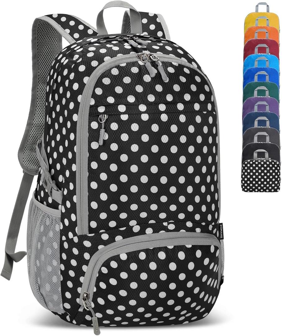 ZOMAKE Lightweight Packable Backpack 30L, Foldable Hiking Backpacks Water Resistant Compact Folding Daypack for Travel(BlackWhite polka dots) (Medium)