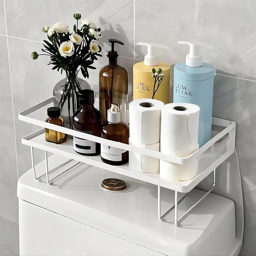 ShellKingdom Over The Toilet Storage Shelf, Toilet Paper Holder Stand Shelves, Punch-Free Bathroom Storage Rack with 2 Hooks, Small Space Organizers for Bathroom, Home, Countertop, White (1 Tier)