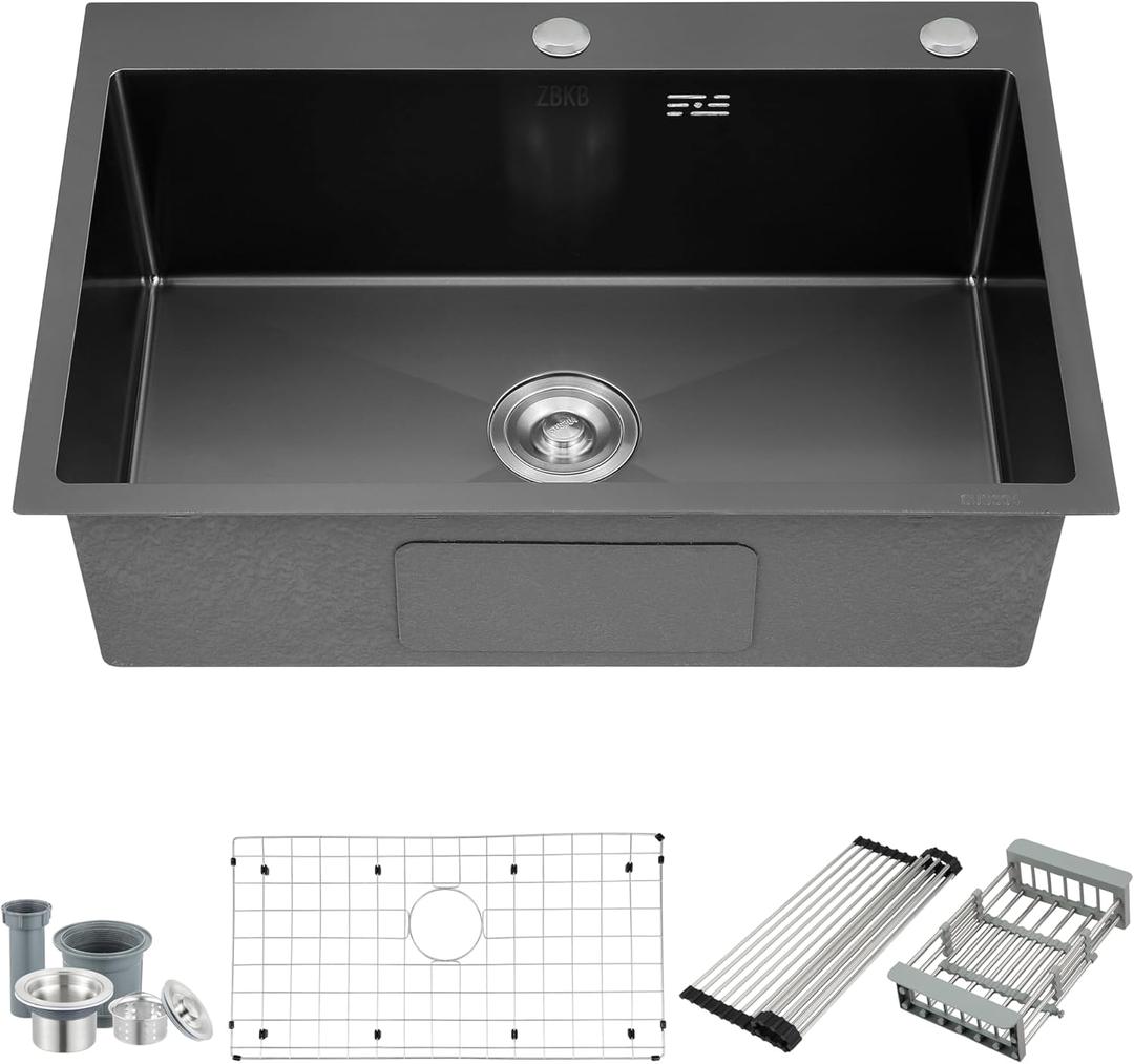 28 Inch Drop in Kitchen Sink with Overflow Gunmetal Black, 16 Gauge Stainless Steel Single Bowl Topmount Kitchen Sink, 9 Inch Deep Sink with Dish Grid, Roll Drainer and Basket Strainer