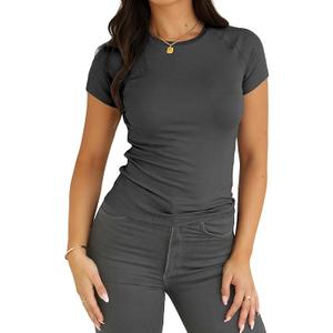 Dwnval Womens Basic Summer Short Sleeve Crewneck T Shirt Raglan Ribbed Knitted Slim Fit Casual Going Out Tops M
