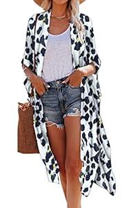 Hibluco Women's Summer Chiffon Floral Kimono Cardigan Long Swimwear Cover Ups, Small