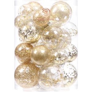 Sea Team Christmas Baubles Set Clear Plastic Shatterproof Multi-Size Decorative Christmas Baubles with Stuffed Delicate Decorations (25 Pieces, Gold)