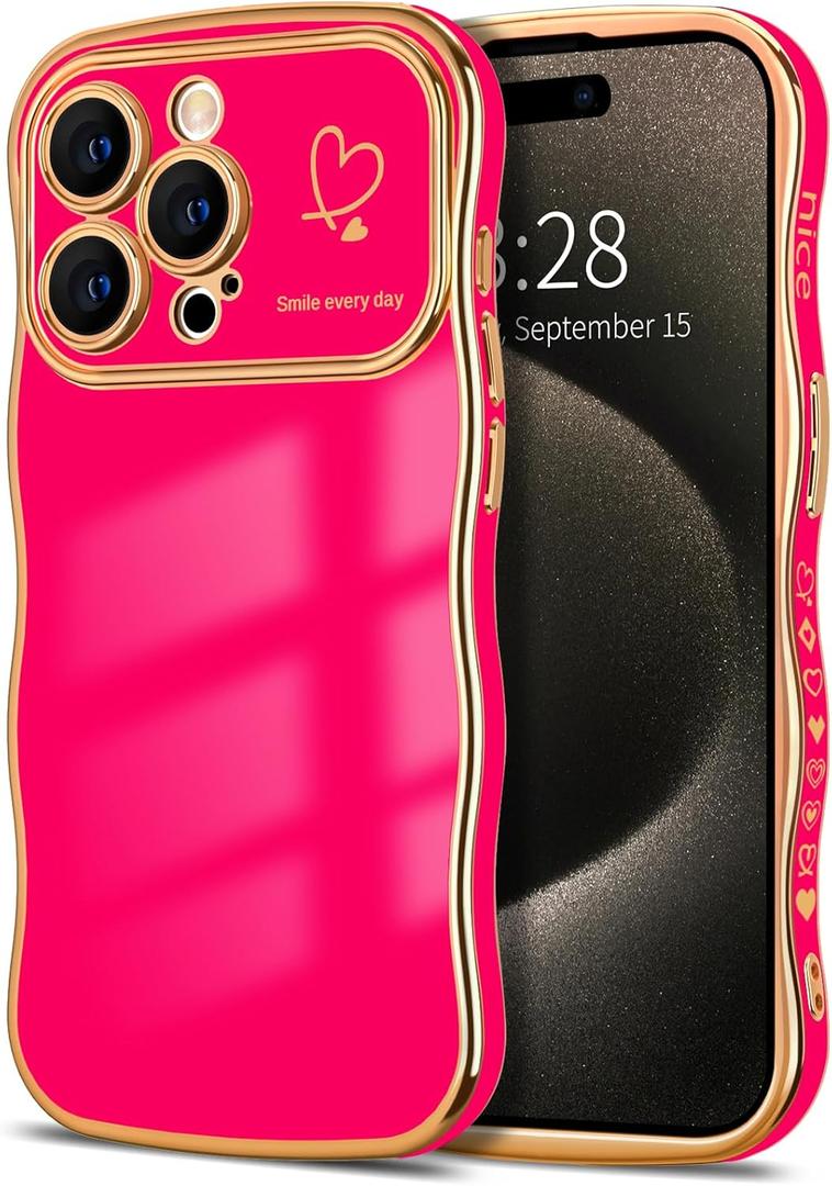 Hython for iPhone 15 Pro Max Case Wave Wavy Phone Cases with Love Heart, Luxury Plating Edge Cute Curly Shape Cover for Women Girls, Thin Slim Soft TPU Rubber Shockproof Protective Cover, Hot Pink, Pack of 2