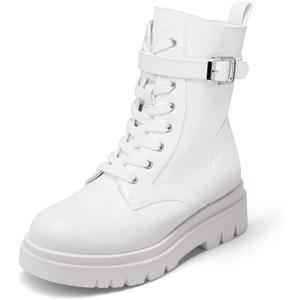 DREAM PAIRS Women's Combat Platform Boots Lace Up Lug Sole Buckle Ankle Booties Shoes (7.5, White)