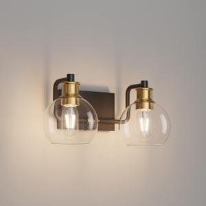Tipace 2 Lights Vintage Bathroom Vanity Light Fixtures Over Mirror Black & Gold Industrial Vanity Lights with Globe Clear Glass Farmhouse Wall Sconces Fixture(Exclude Bulb)