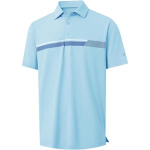 M MAELREG Mens Golf Shirts Short Sleeve Chest Print Stripe Moisture Wicking Dry Fit Casual Collared Mens Polo Shirts (Light Blue), M