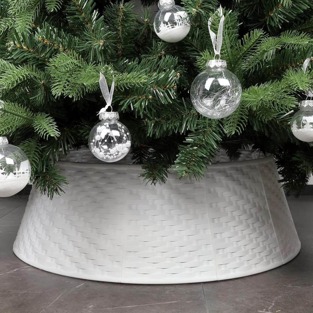 Blissun Christmas Tree Collar, 28.7" D Round Plastic Christmas Tree Ring, Christmas Tree Skirt for Artificial Christmas Trees Decoration (White)