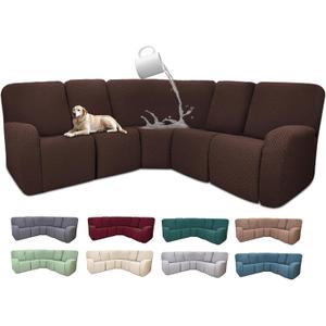 100% Waterproof Sectional Recliner Couch Covers for Reclining Couch L Shaped Corner Sectional Sofa Cover Jacquard Stretch L Shape Recliner Slipcovers (XL 5 Seater Cover, Dark Brown)