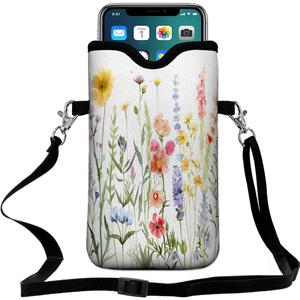 Neoprene Cell Phone Pouch 7.5 X 4.3 in Cloth Mobile Protection Case Bag with Crossbody Strap Neck Lanyard Cell Phone Case Colorful Floral Pattern