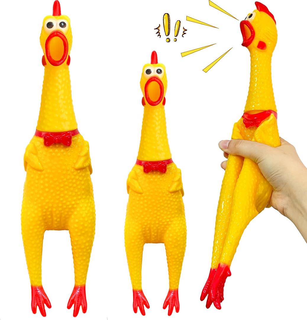 2Pcs Large Screaming Rubber Chickens,15 Inch 12 Inch Yellow Squawking Squeaky Chicken Toy for Novelty Gag Gift,Prank Noise Maker,Adults,Dog