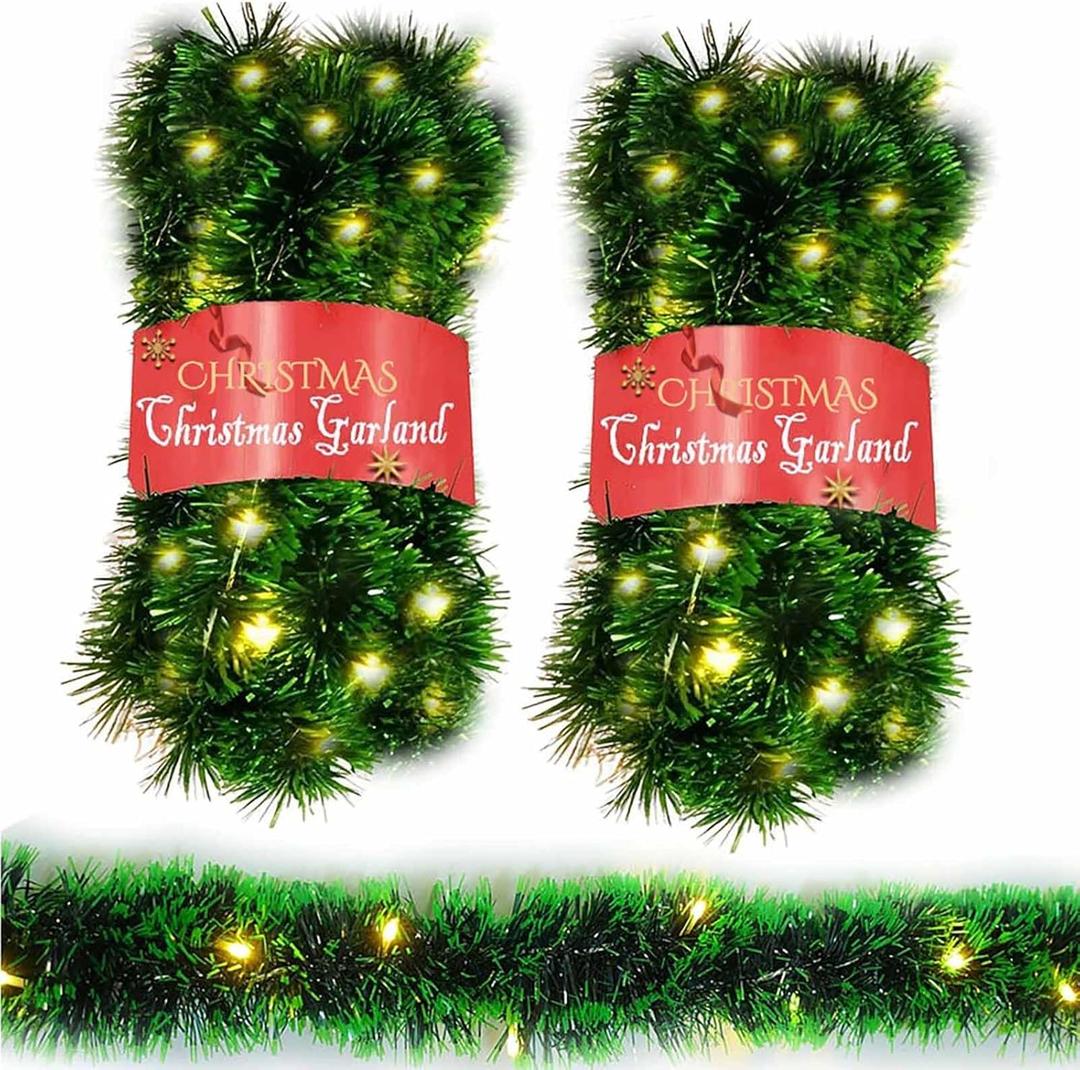 2 Pack Christmas Garland with Lights, Total 38 Feet 80 Led Battery Operated Pre-Lit Long Garland for Stairs Railing Fireplace Mantle Door Frame Decor Green Greenery Indoor Outdoor Office Decorations