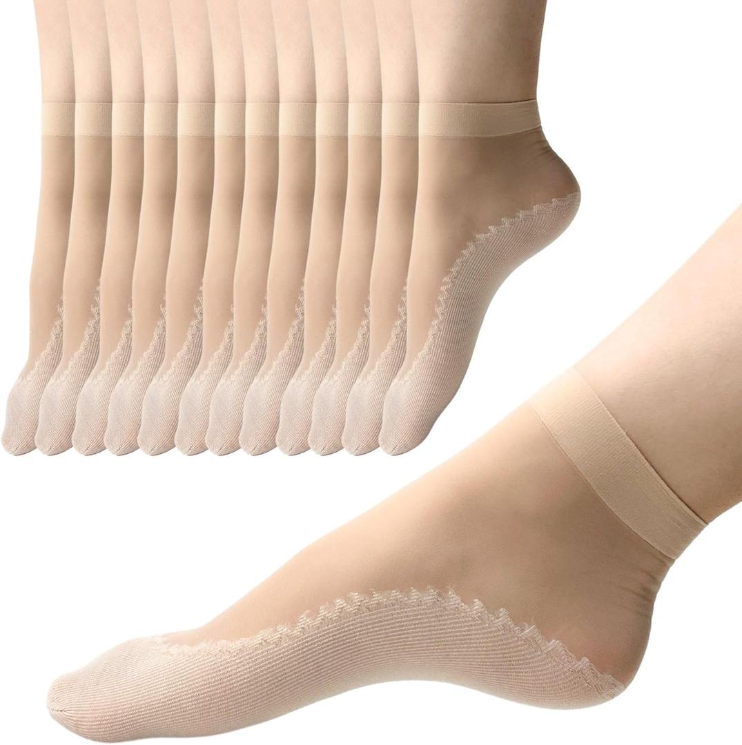 12 Pairs Nylon Socks for Women, Antil-Slip Thin Ankle High Tight Socks w/Reinforced Sole and Toe, by Daisy&Dino (4-9)