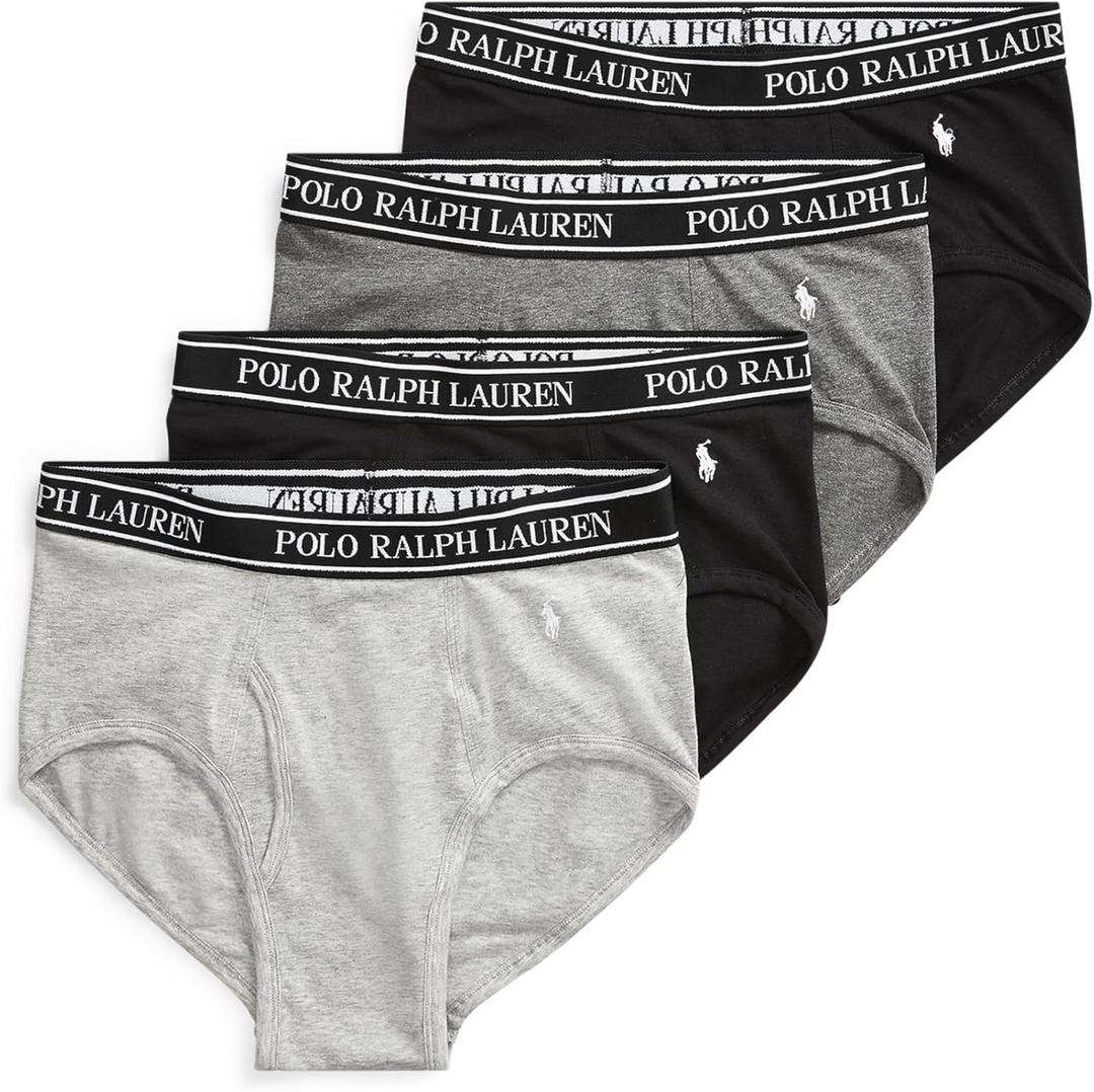 POLO RALPH LAUREN Men's P4 Stretch Classic Fit Briefs (Medium, Black/White, Andover Heather/White, Charcoal Heather/White, Black/White - 4 Pack)