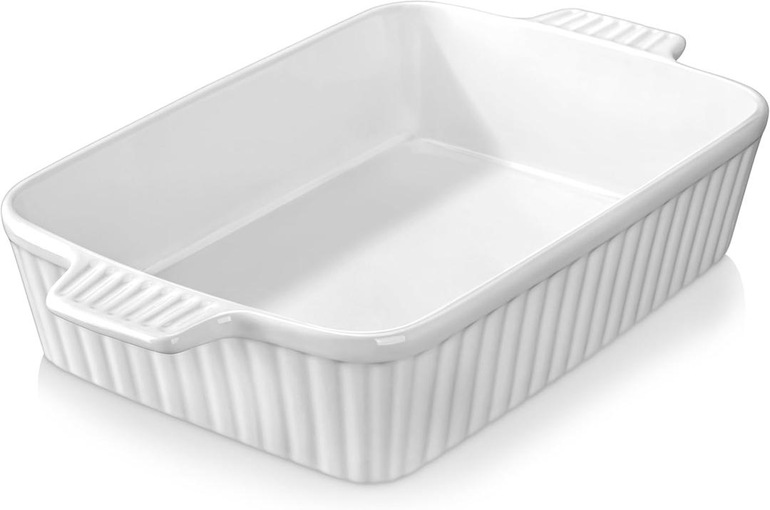 MALACASA 4.4 QT Baking Dish, 9x13 Large Casserole Dish for Oven, Ceramic Baking Pan, Rectangular Lasagna Pan Deep with Handles for Baking, Durable Microwave Oven Safe, Wedding Gift,White, Series BAKE-BAKE