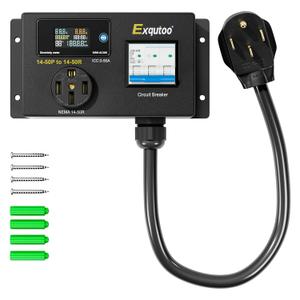 AC Power Meter, 120/240 VAC NEMA 14-50P to NEMA 14-50R Outlet with Breaker & Voltmeter, LCD Digital Real-Time Display, Multifunction Monitor Outlet for RVs & Generators, 50 A, with Screws