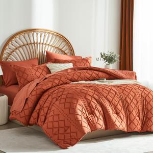 ALAOOKKA Terracotta Tufted Comforter Set King Size 7 Piece Bed in a Bag,Shabby Chic Boho Comforter and Sheet Set,All Season Soft Microfiber Complete Bedding Set(Terracotta,102"x90")