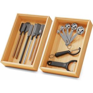 Bamboo Kitchen Drawer Organizer Boxes 9" x 6" Stackable Wood Silverware Utensil Tray for Drawers Bins, Cutlery & Flatware Storage Wooden Organizers Set of 2 for Junk Drawer, Bathroom, RV