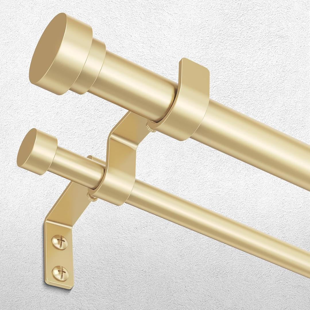 Double Curtain Rod, 1 Inch Gold Extra Long Dual Curtain Rods 72 to 144 Inch with Aluminium Modern End Cap Finial, Adjustable Heavy Duty Window Treatment Rods, Telescopic Metal Double Drapery Pole Set