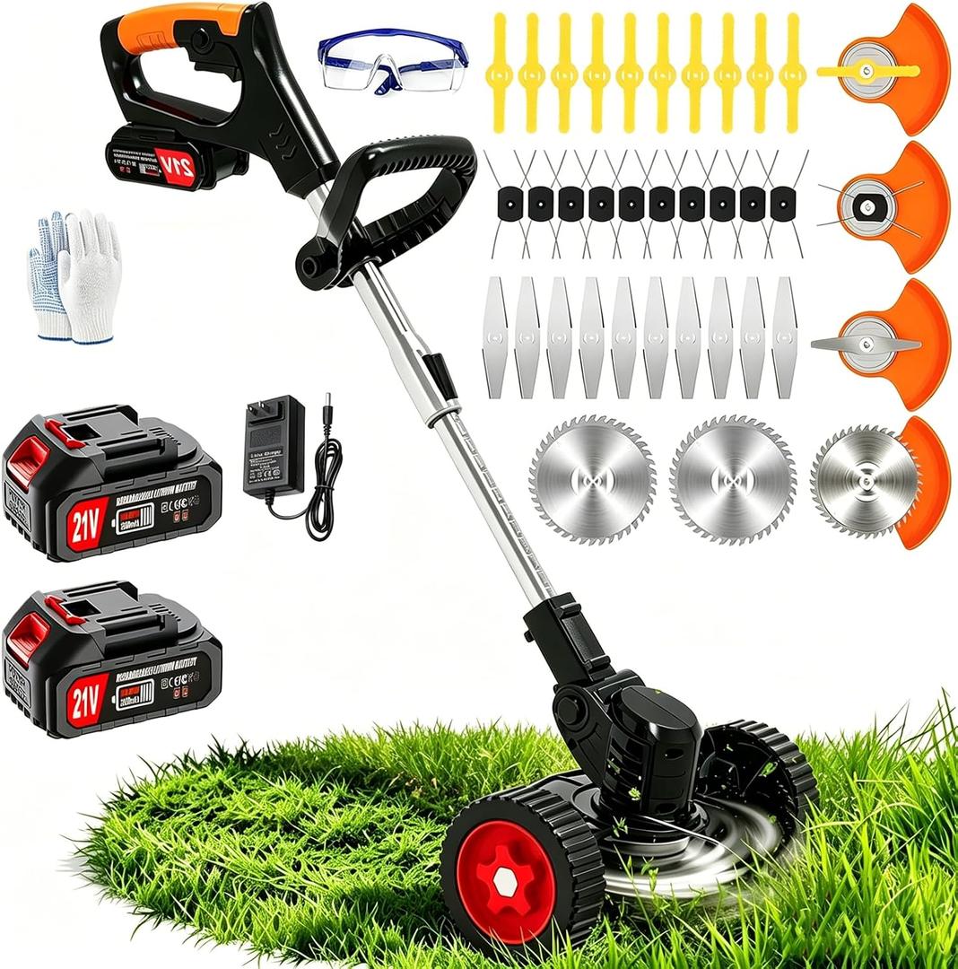 21V Electric Weed Wacker Battery Powered Cordless Weed Eater, String Trimmer with 2 Battery Operated&Wheels&Metal Blades, Lightweight 4 in 1 Grass Trimmer/Brush Cutter/Lawn Edger/Mower for Garden Yard