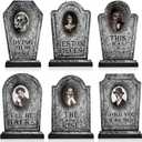 6 Pcs Halloween Graveyard Tombstones Centerpieces with 6 Pcs Scary 3D Changing Face Moving Picture Frame, Rip Gravestone Wooden Table Decoration Halloween Party Home Accessories (Marble)