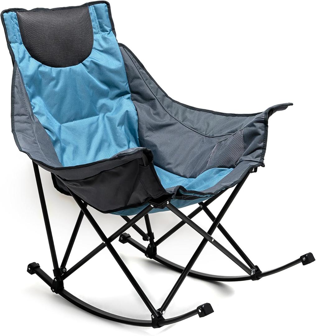 SUNNYFEEL Oversized Rocking Camping Chair, Fully Padded Patio Chair with Side Pocket, High Back Portable Lawn Recliner with Headrest, Outdoor Camp Rocker Chairs for Adults Heavy Duty 500 LBS (1 PC, Blue)
