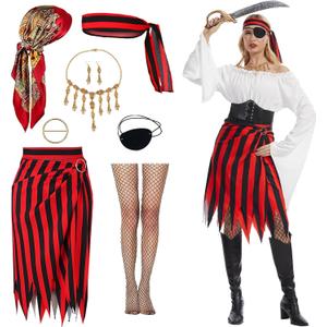 Women Pirate Costume Adult Pirate Skirt Set with Head Scarf Eye Patch Skeleton Necklace for Halloween Cosplay , 2XL