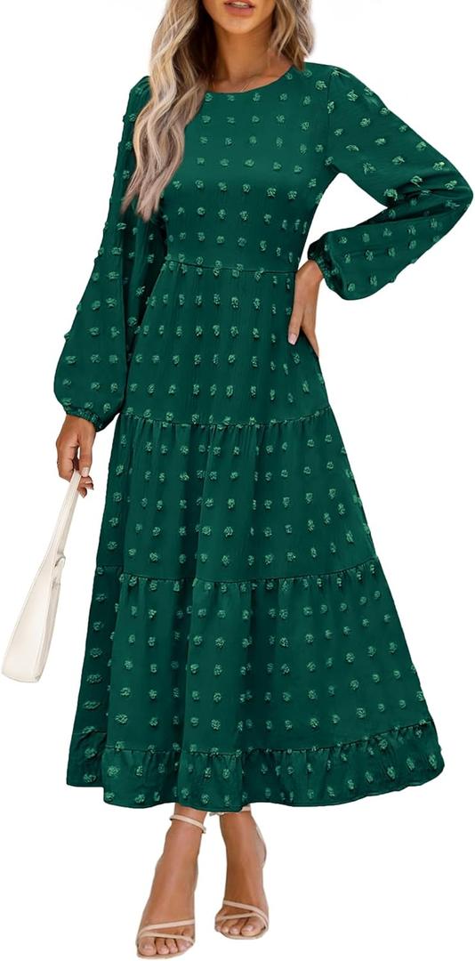 PRETTYGARDEN Women's Fall Elegant Long Sleeve Maxi Dress Swiss Dot A Line Flowy Casual Holiday Party Going Out Dresses (Dark Green, Small)