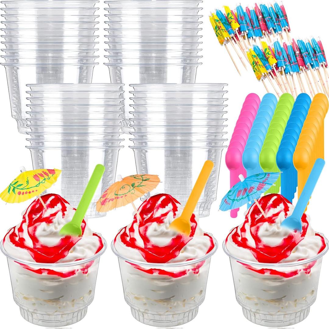 Tessco 50 Set Ice Cream Sundae Kit Plastic Ice Cream Cups Spoons and Paper Umbrellas 8 oz Disposable Dessert Bowls for Summer Party Supplies