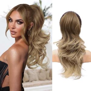 NAYOO Claw Clip Ponytail Extension Blonde 18" Long Wavy Ponytail Clip in Hair Extensions for Women Curly Natural Layered Pony Tails for Short Thin Hair Synthetic Hairpiece(Dark Blonde to Light Blonde)
