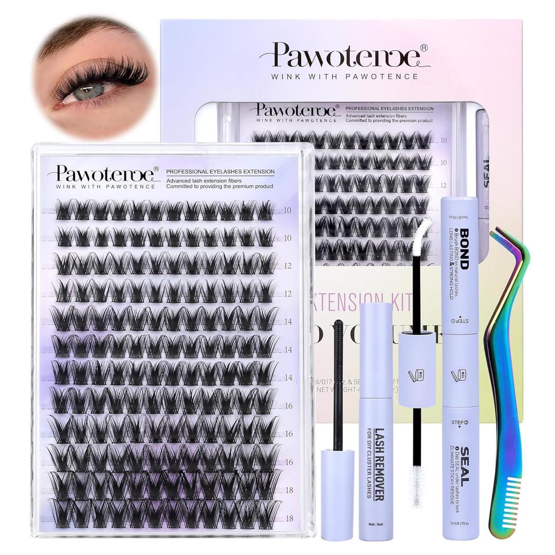 Pawotence Kira Lash Clusters Kit 10-18mm Cluster Lashes Extension Kit 144pcs Fairy Eyelash Clusters Wispy Lashes Cluster Eyelash Extensions with Waterproof Lash Bond and Seal, Remover, Applicator