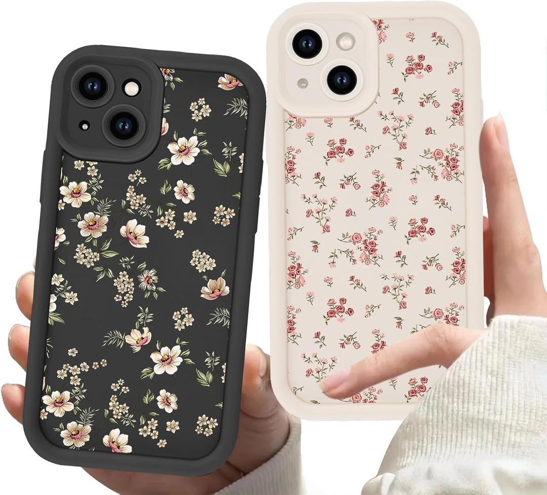2 Pack Flower Phone Case for iPhone 13 mini 5.4",Cute Floral Print Cases Unique Plant Design Pattern for Women Girls Teens,Soft TPU Shockproof Protective Cover for iPhone 13 mini,Beige Black