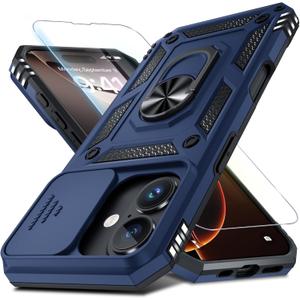 Janmitta Case for iPhone 16 Pro Phone Cover Built in Slide Camera Lens Cover+Screen Protector,Heavy Duty Shockproof Full Body PhoneCase with Finger Ring Holder Kickstand,Blue