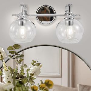 ANDY STAR Chrome Bathroom Light Fixture, 2-Light Modern Vanity Lights, Modern Wall Sconce with Clear Globe Glass Shades, Industrial Wall Lamp with Curved Arm for Bathroom, Powder Room, Over a Mirror