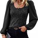 HEYTALALA Womens Puff Long Sleeve Tunic Tops Button Down Square Neck Blouse Loose Fit Basic T Shirt Elegant Tee Shirts Black L