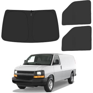 Front Windshield  Side Window Sun Shade for 1996-2025 Chevy Express Accessories Cargo Van, Foldable Window Sunshade Sun Visor Protector, Window Shade Sun Shield Block UV Rays Heat, Pack of 3
