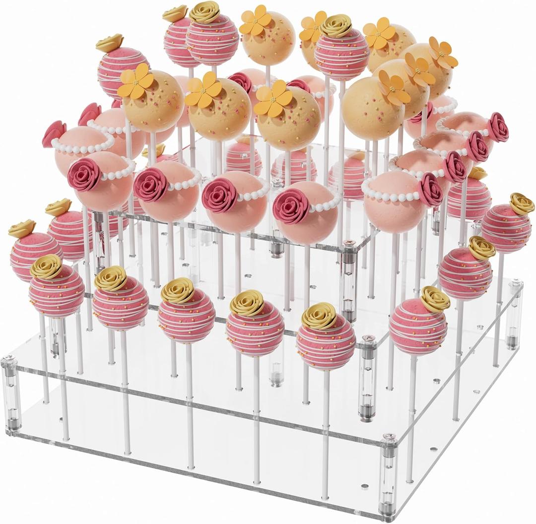 ANDGOO 4 Tier Cake Pop Stand, 56 Holes Acrylic Lollipop Holder with Non Slip Pads, Clear Tower Cake Pop Display Stand for Wedding Decor Birthday Parties Candy Decorative Graduation