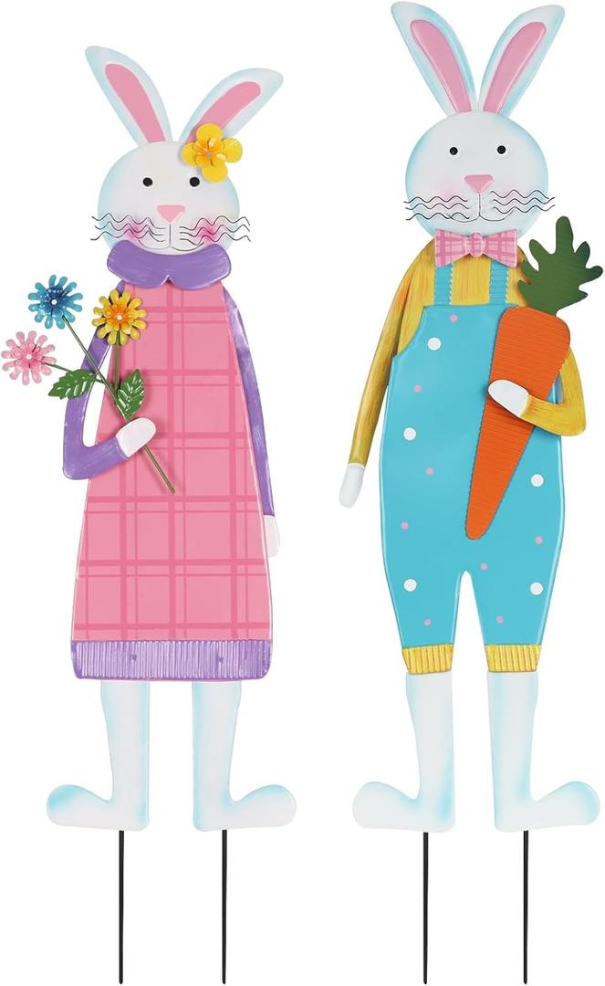 YEAHOME Easter Decorations Outdoor, Set of 2 Metal Bunny Decorative Garden Stakes for Easter Decor, Spring Rabbits Yard Stakes for Home Outside Front Door Porch Lawn Garden Backyard Decorations (Pink,Blue)