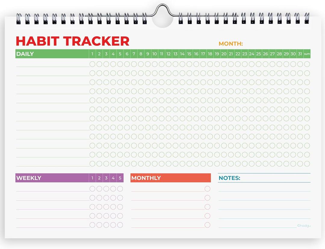 Hadigu Habit Tracker Calendar (Undated 12 Month) with Spiral Bound and Hanger, A4 size (8.3"x11.7"), Habit Planner, Daily Weekly and Monthly Tracker, Colorful Layout