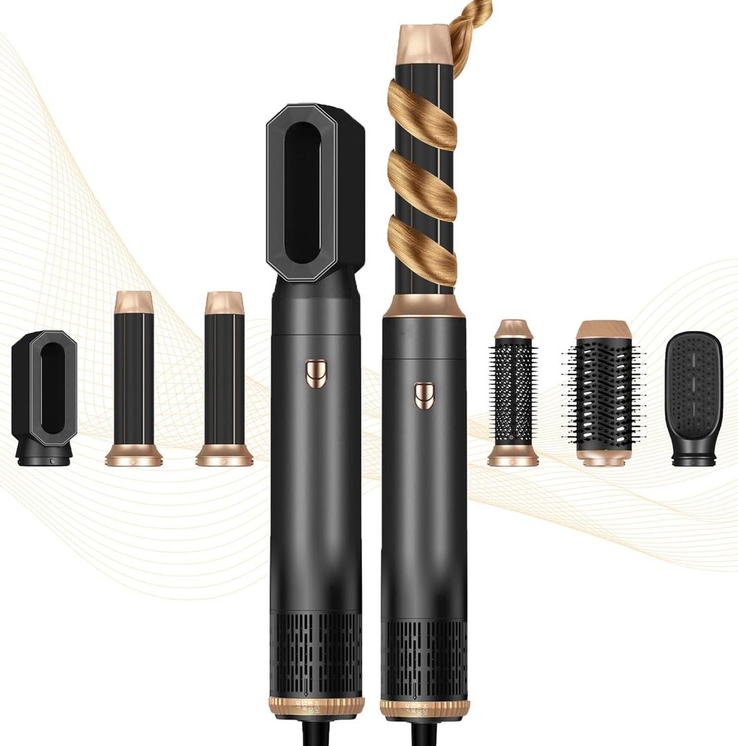 6 in 1 Hair Dryer Brush, Blow Dryer Brushies Ionic Hair Dryer, Oval Hot Air Brush, Hair Curler Straightener Magic Styler Autowrap Air Styler (Black Gold)