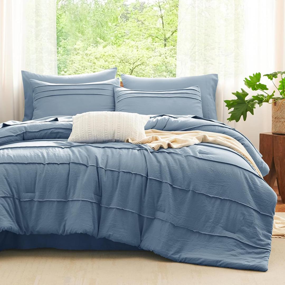 CozyLux Queen Comforter Set Grayish Blue, 7 Pieces Soft Pinch Pleat Bed in a Bag Queen Comforter Set with Sheets, Boho Bed Set with Down Alternative Comforter, Sheets, Pillowcases & Shams