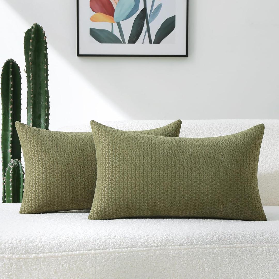 FUTEI Olive Green Decorative Throw Pillow Covers 12x20 Inch Set of 2,Soft Chenille Triangle Check Pattern Pillow Case,Modern Home Decor for Couch Bed Living Room