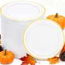 WELLIFE 144Pcs Gold Dessert Plates, 7.5 Inch Plastic Appetizer plates, Heavy Duty plastic Party Plates, White and Gold Plastic plate for Party and Wedding