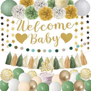 Sage Green Baby Shower Decorations,Welcome Baby Banner,Oh Baby Cake Topper,Paper Lanterns,Balloon,Pom Poms Flowers Tassels,Circle Dots Star Garland Gender Neutral Birthday Party Decor