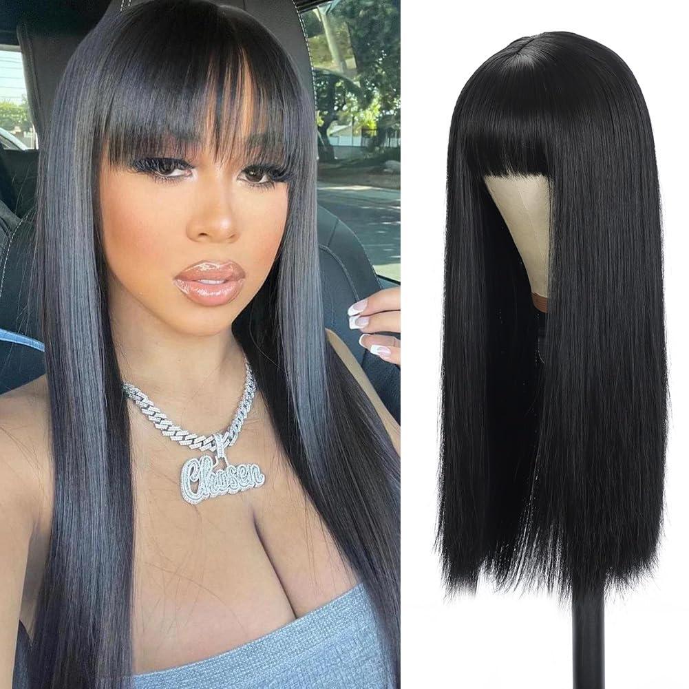 Amarlis Black Wigs for Women, Long Straight Natural Black Wig with Bangs Soft Synthetic Heat Resistant Fiber Wig for Cosplay Daily(24 In, Black)